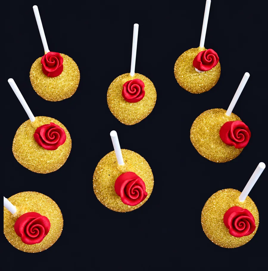 Gold sugared cake pops topped with red frosting roses