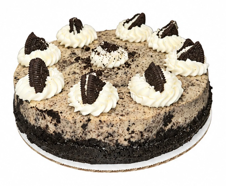 Oreo Cheesecake topped with cream swirls and cookie halves