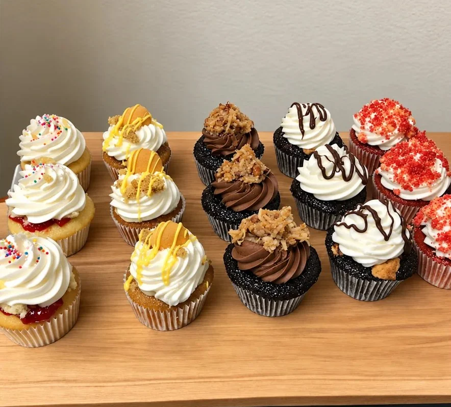 Board of assorted cupcakes in chocolate, vanilla and red velvet with different toppings