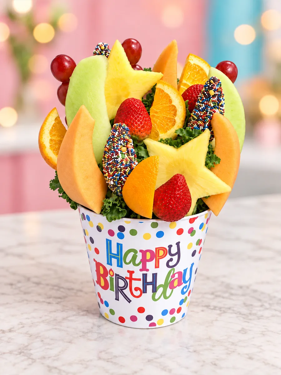 Fruit bouquet with strawberries, melon, pineapple stars and oranges in a Happy Birthday cup