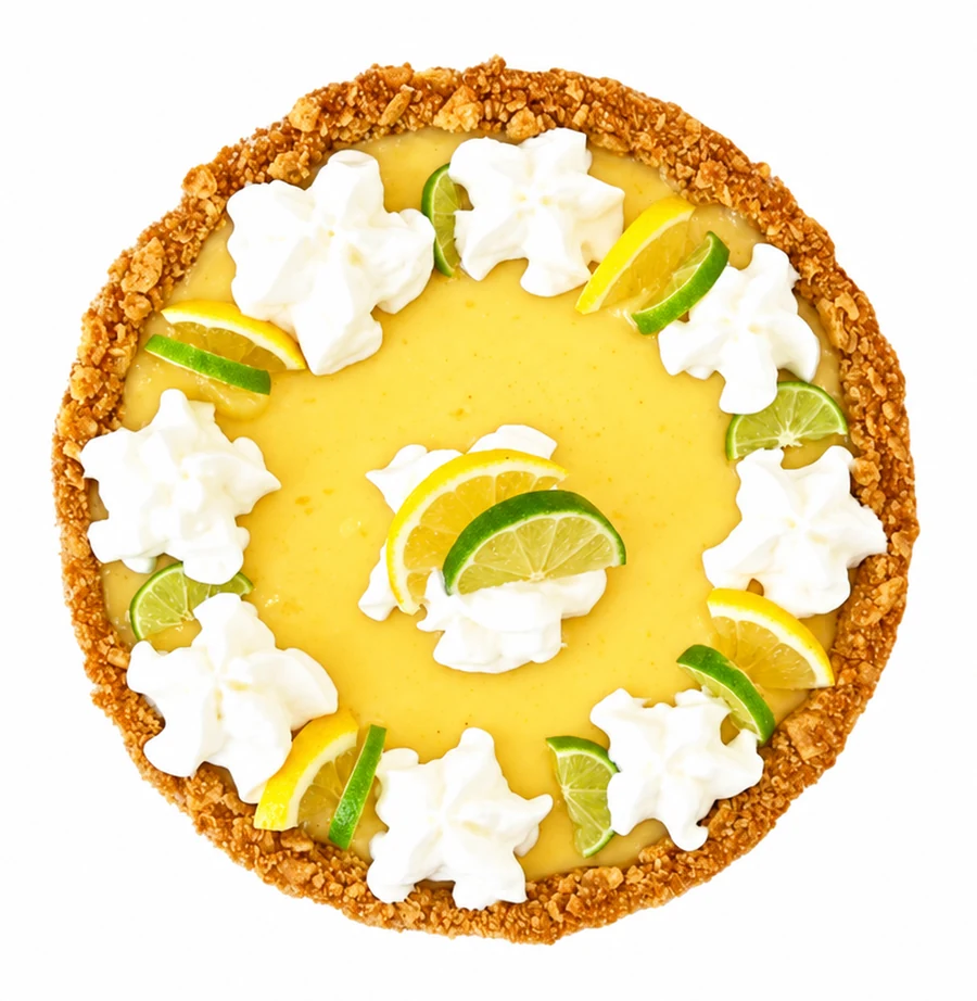 Pie with a crumb crust, whipped cream dollops and lime slices