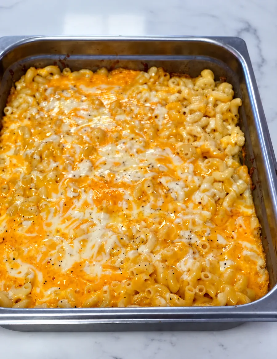 Tray of baked Mac n Cheese with a golden cheese top