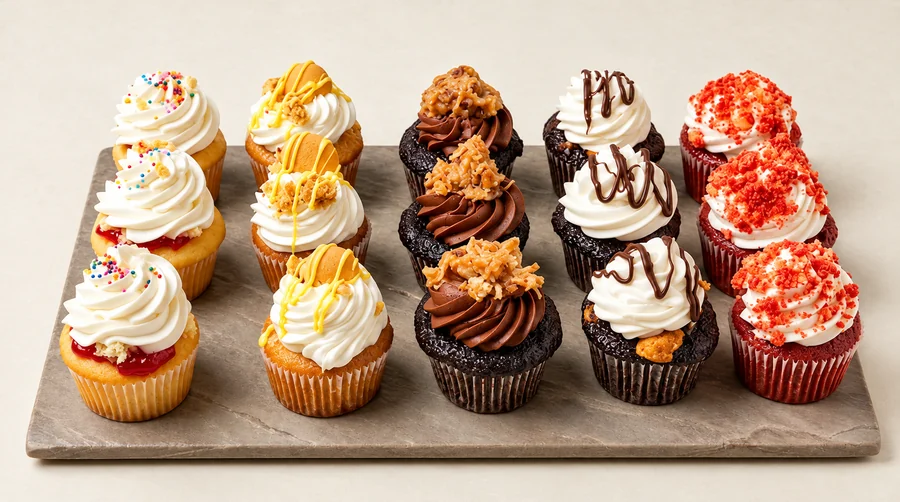 Board of fifteen mini cupcakes in five flavors